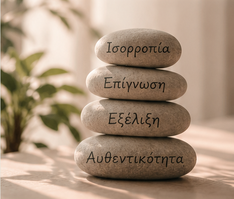 Τέσσερις πέτρες ισορροπίας με τις λέξεις Ισορροπία, Επίγνωση, Εξέλιξη και Αυθεντικότητα