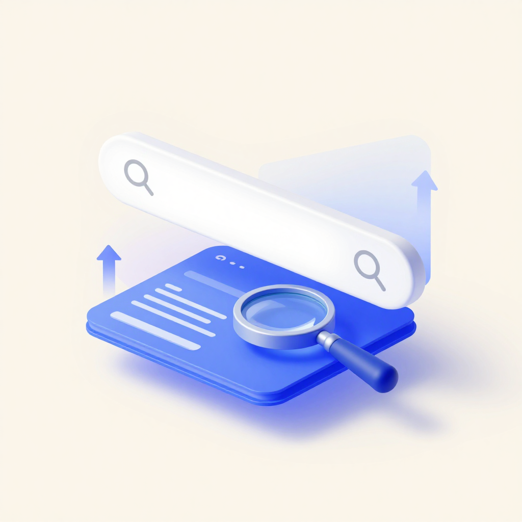 3D illustration of a search bar, webpage and magnifying glass