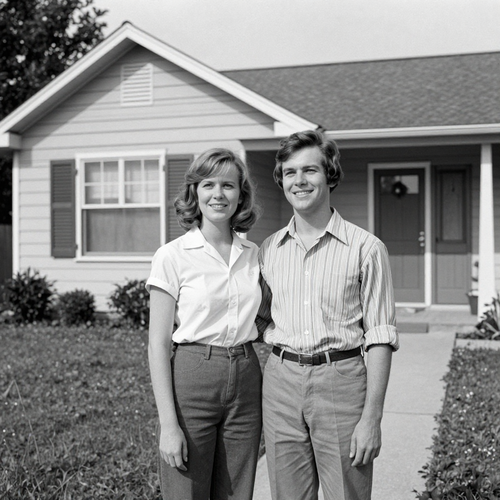 Vintage family memory of a couple at their first home